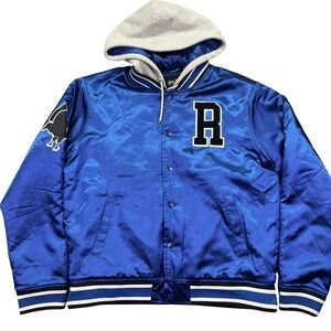 Royal Blue Varsity Bomber Jacket with Gray Hood